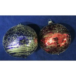 Purple Red Gold Glitter Swirls German Mercury Style Round Glass Ornaments Two